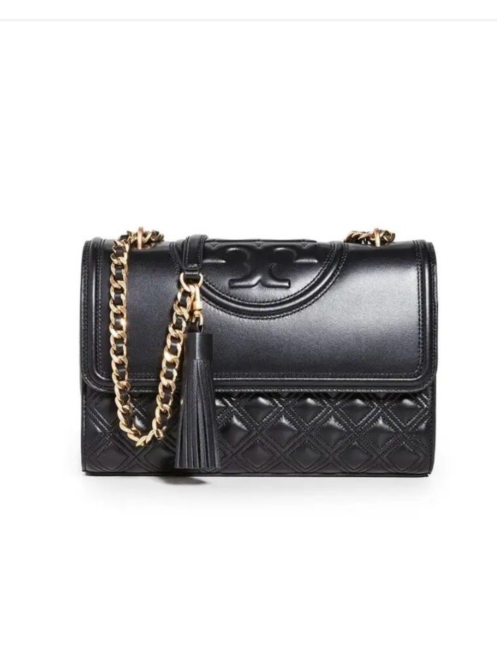 Tory Burch Black Quilted Leather Shoulder Bag with Gold Chain & Tassel